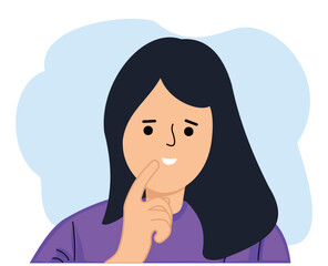 headshot portrait of thoughtful pensive young woman holding finger on lips looking upward against