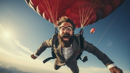 Conceptual image of businessman flying with parachute on back. - Powered by Adobe