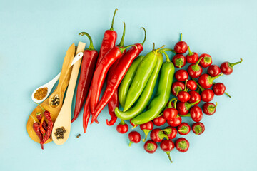 Different type hot  Chili Pepper, spicy organic paprika background