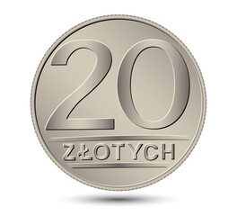Reverse Polish money twenty zloty silver coin. Vector illustration.