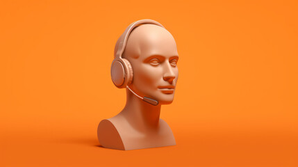 3D render of a call centre agent mannequin, wearing a headset against an orange background - obrazy, fototapety, plakaty