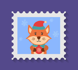 Christmas merry cute stamp with holiday symbols and decoration elements. Collection of postal stamps with Christmas decoration symbols.