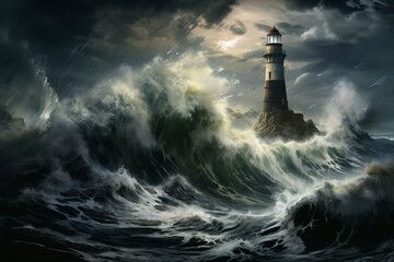 Illustration depicting a turbulent lighthouse amidst a choppy sea. Generative AI - obrazy, fototapety, plakaty