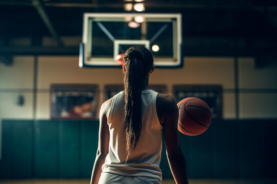 Generative AI illustration back view of African American girl with long Afro hair wearing uniform bouncing basketball while practicing