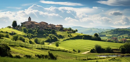 Rolling countryside with a quaint village background. Generative AI