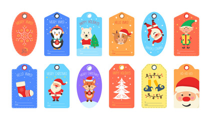 Christmas merry cute stamp with holiday symbols and decoration elements. Collection of postal stamps with Christmas decoration symbols.