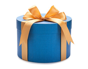round blue box with yellow bow and ribbon isolated - 658183553