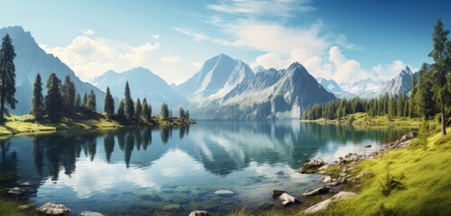 Fototapeta na wymiar Mountain landscape with a lake background. Generative AI