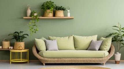 Rattan sofa with light green cushions. Generative AI