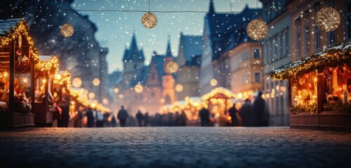 Twinkling Christmas market lights background. Generative AI