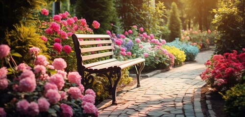 A garden with a pathway lined with colorful flowers and a bench. Generative AI