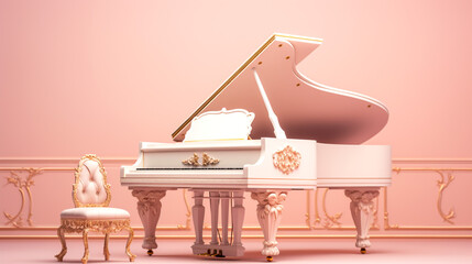 Antique grand piano with white keys and golden accents against a soft pink wall. Old Money aesthetic trendy. Banner