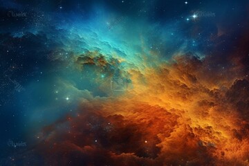 A digital depiction of cosmic scenery showcasing a dazzling orange and blue nebula amidst twinkling stars, against a vibrant orange and blue backdrop. Generative AI