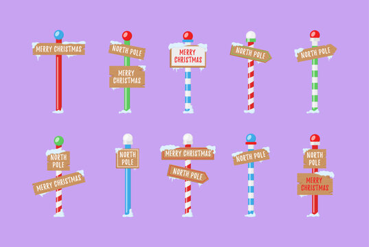 North pole signs. Christmas wooden street signboad with snow. Arrow signpost direction Santa. Winter holiday toy shop vector set. Signboard and signpost, snowy board for merry christmas illustration