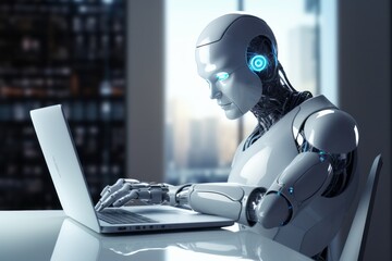 Blue Smiling Computer Robot Working in a Modern Workspace with Laptop