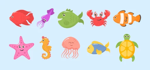 Papier Peint photo Vie marine Set of funny ocean animals isolated on a white background. Sea creatures. Marine animals and aquatic plants. Underwater creature set vector isolated. Funny cartoon character. Vector illustration.