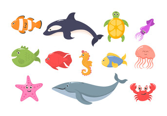 Set of funny ocean animals isolated on a white background. Sea creatures. Marine animals and aquatic plants. Underwater creature set vector isolated. Funny cartoon character. Vector illustration.