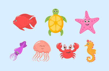 Cute underwater animals, fish, seahorse, jellyfish and octopus. Vector cartoon set of aquarium characters, funny marine creatures, puffer fish isolated on black background
