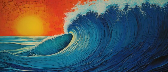 Deep blue ocean with gale force winds and huge wave crests, intense bright golden hour sunset with sky clouds illuminated in a fiery orange red color, impasto painting like seascape. 