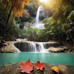 Amazing waterall in autumn forest, falls season, wonderful time