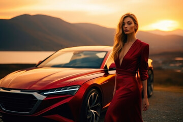 Beautiful Model and High-End Vehicle in Evening Glow