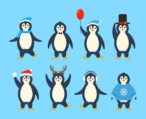 Collection of funny cartoon arctic characters animals in outerwear. Set of adorable penguins wearing winter clothing and hats. Postcard for New Year and Christmas. Image in cartoon flat style.