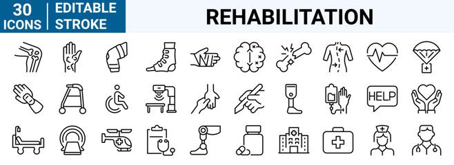 Set of 30 line icons Physiotherapy, rehabilitation, prosthetics. editable stroke Vector illustration