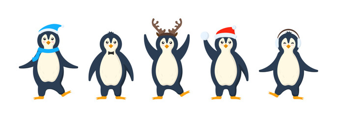 Penguins in warm clothes in flat design. Cute little penguin cartoon characters set for label design. Cold winter symbol. Antarctic bird, animal in different poses set. Vector illustration.