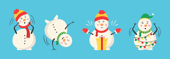 Cheerful snowmen in different costumes. Snowman collection for Christmas and winter. Set of characters cartoon in flat design.