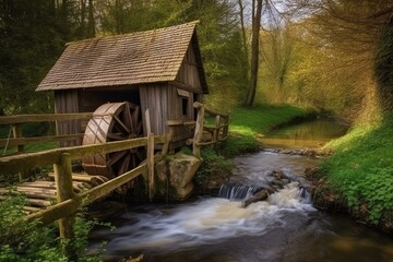 old watermill, wooden fence, river landscape, small bridge building. Generative AI