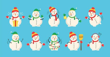 Snowman magician with sweets and gifts. Winter outdoor activity for kids. Graphic resource about winter and christmas for content, banner, sticker label and greeting card. Vector illustration.