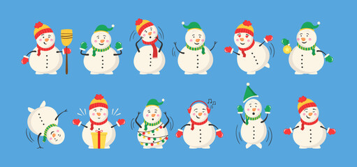 Snowman with a scarf, gloves and hat isolated in a blue-gray background. Flat design. Vector illustration.