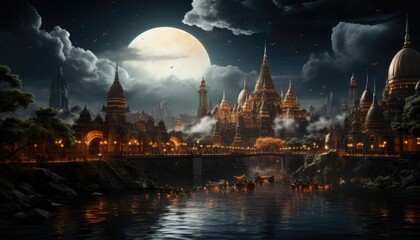 An arabic kingdom under the clouds with full moon at night, lights, river, castle - obrazy, fototapety, plakaty