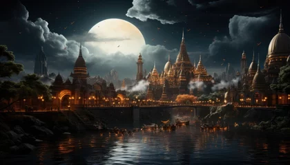 Schilderijen op glas An arabic kingdom under the clouds with full moon at night, lights, river, castle © Anjali