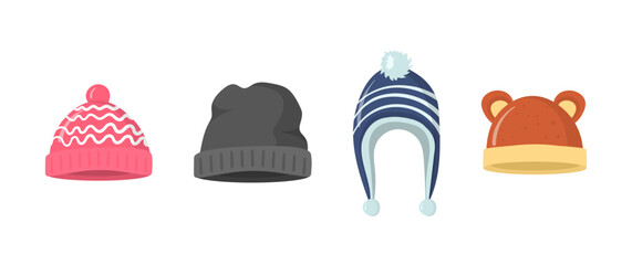 Knitted hat, caps for girls and boys in cold weather isolated on white background. Collection of winter or autumn hats in flat style. Web page design element icon. Vector illustration, eps 10.