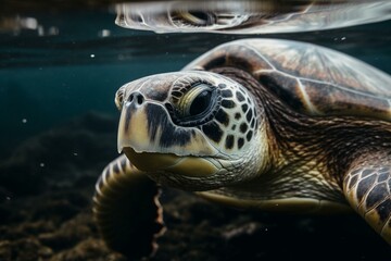 Close-up photo of an inquisitive sea turtle. Generative AI