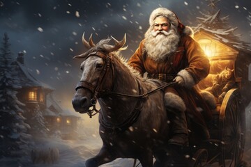 Fototapeta premium Man with long white hair and beard walking with his reindeer in snowy winter forest, reindeer herder background.