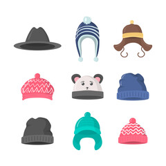 Knitted hat, caps for girls and boys in cold weather isolated on white background. Collection of winter or autumn hats in flat style. Web page design element icon. Vector illustration, eps 10.