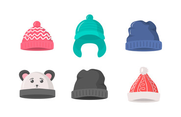 Knitted colorful hats, woolen headgear. Warm head wear. Autumn and winter accessories. Retro vintage colors.