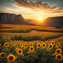 Fototapeta premium sunflower field at sunset, sky, clouds, sun rays, landscape