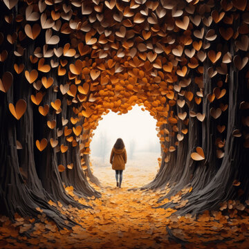 Silhouette of a woman in beautiful romantic walkway tree tunnel in the autumn season.