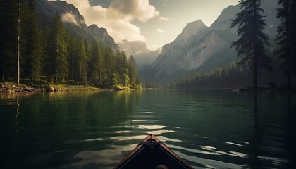Serene Kayaking Adventure on a Majestic Lake Surrounded by Lush Trees and Towering Mountains