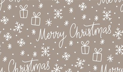 Christmas pattern, snowflakes and snow on brown kraft paper. White drawings, seamless tile for wrapping paper design.