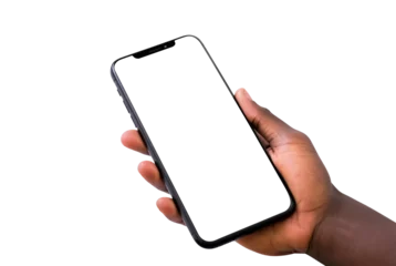 Fotobehang Hand holding smartphone png, new cellphone mockup isolated on transparent background, african american man, black © OpticalDesign