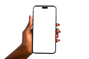 Hand holding smartphone png, new cellphone mockup isolated on transparent background, african american woman, black - obrazy, fototapety, plakaty