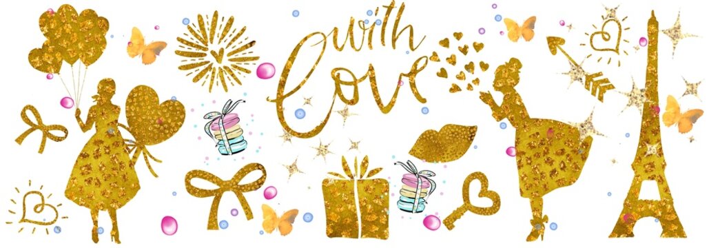 Horizontally pattern with gold elements. Love, Valentines day, Paris, wedding. 