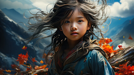 Resilient Asian girl over terraced rice fields