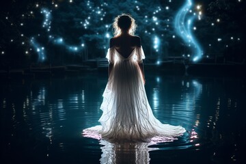 A woman in a luminescent gown gently levitates above a serene, moonlit lake, her reflection shimmering on the water, enveloped by a mystical, ethereal aura.
