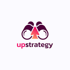 Binoculars arrow logo design vector. Progress strategy research symbol template.