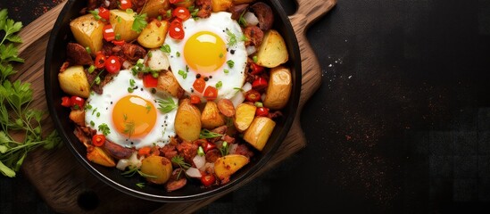 Traditional American hash with eggs seen from above